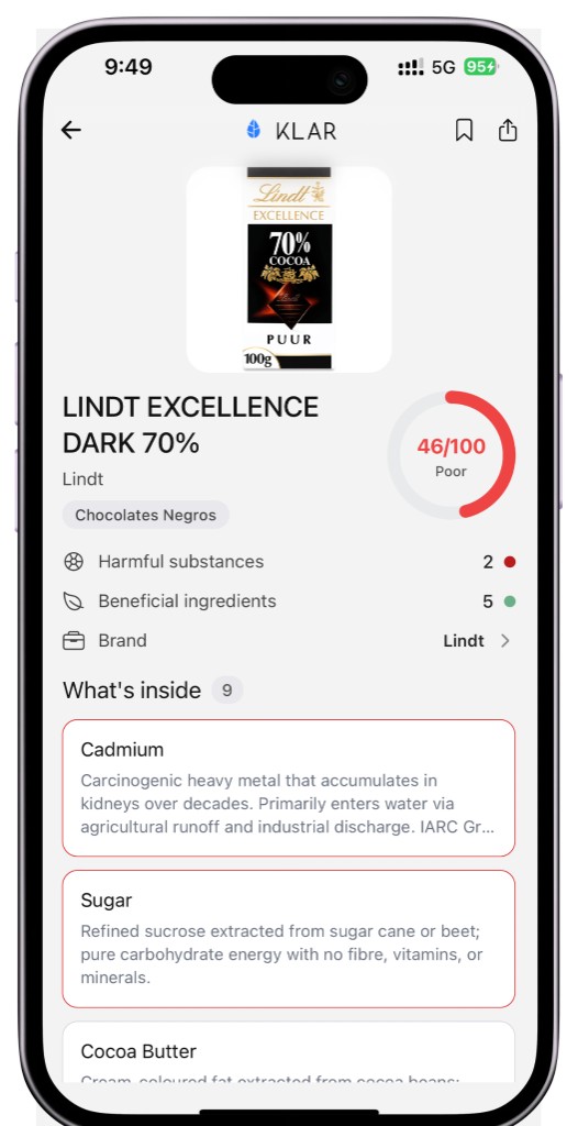 Klar app showing Lindt Excellence dark chocolate analysis